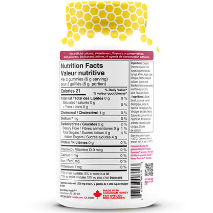 Back of the bottle of Honibe Apple Cider Vinegar gummie bees listing out the nutrition facts. Serving Size of 2 gummies includes 1,000mg of ACV and is 21 calories